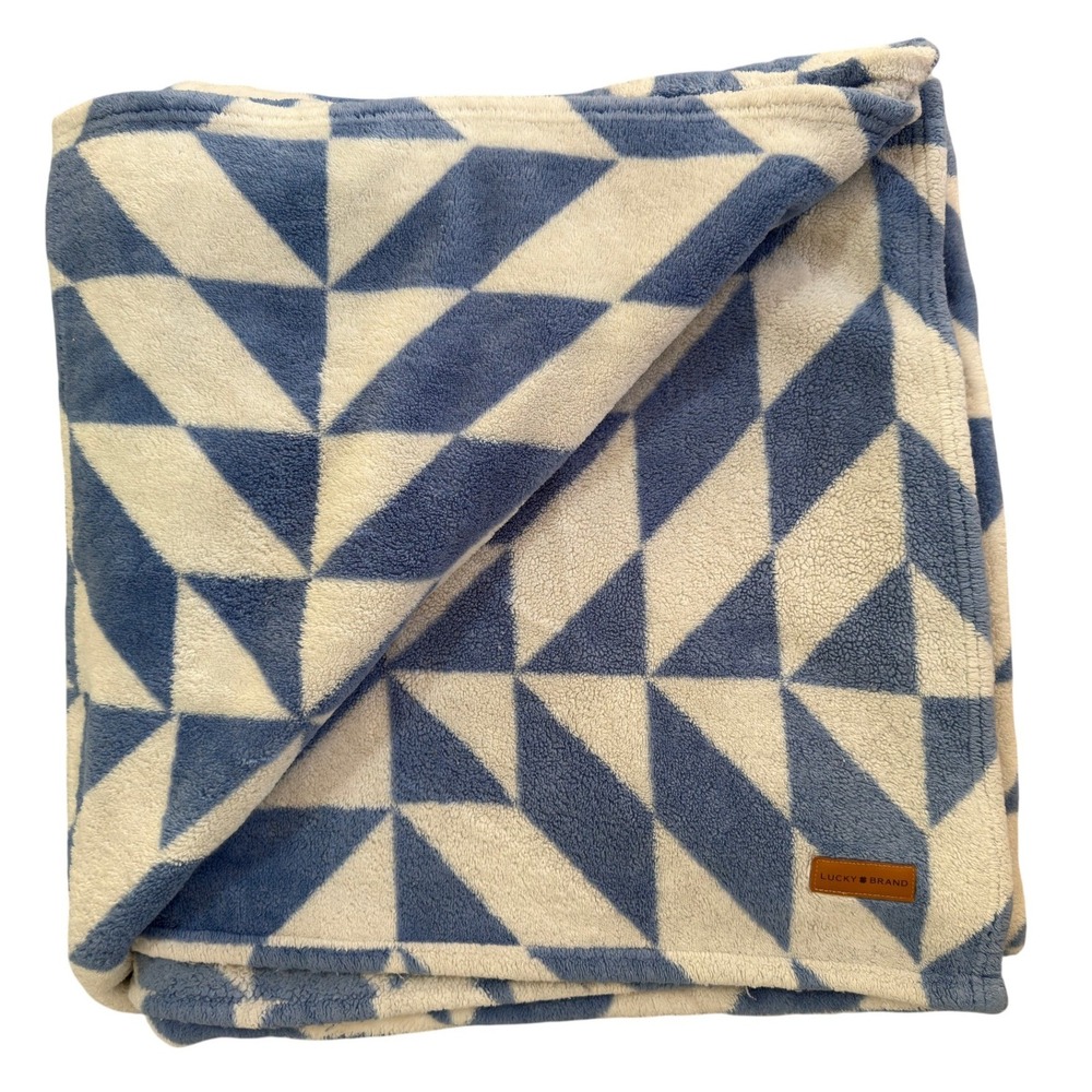 Lucky Brand Blue Cream Geometric Fleece Throw Blanket Kaleidoscope Plush Soft
